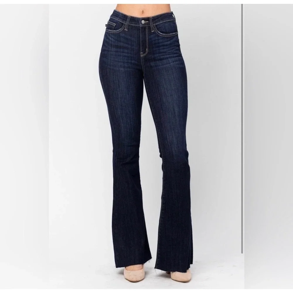 Judy Blue See Ya There Flare Jeans Womens 18W Dark Wash High‎ Waist Raw Hem